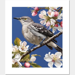 Northern Mockingbird Surrounded by Apple Blossom Posters and Art